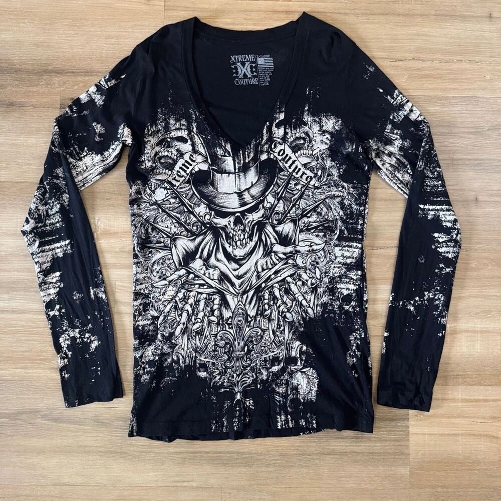 Xtreme Couture By Affliction Black And White Long Sleeve Shirt Size XL Skulls